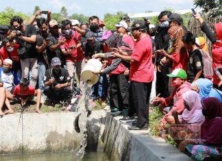 Bantu Kelestarian Lingkungan, Hj. Sri Mulyani Tebar Ikan ke Sungai