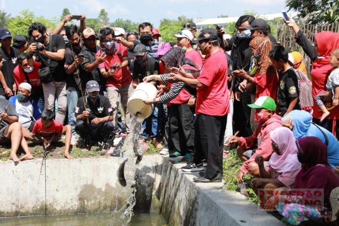 Bantu Kelestarian Lingkungan, Hj. Sri Mulyani Tebar Ikan ke Sungai