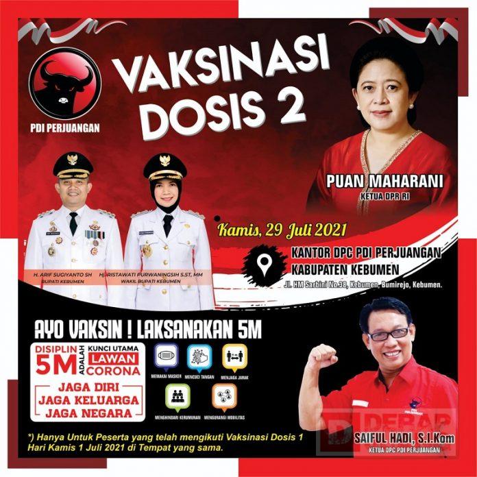 Aja Klalen Lur! Kamis Besok PDI Perjuangan Kebumen Gelar Vaksinasi Dosis 2
