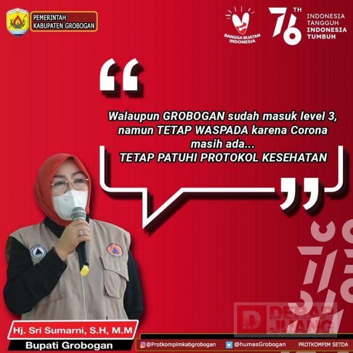 Grobogan Masuk Level 3, Bupati Grobogan; Tetap Tingkatkan Proteksi Mandiri
