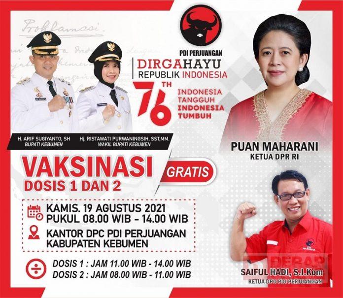 Lagi, DPC PDI Perjuangan Kebumen Gelar Vaksinasi Gratis